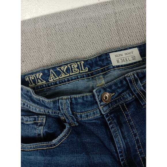 T.K. Axel Slim Boot Jeans Mens 34X31 Blue Embroidered Flaps Western Thick Stitch - Picture 7 of 15